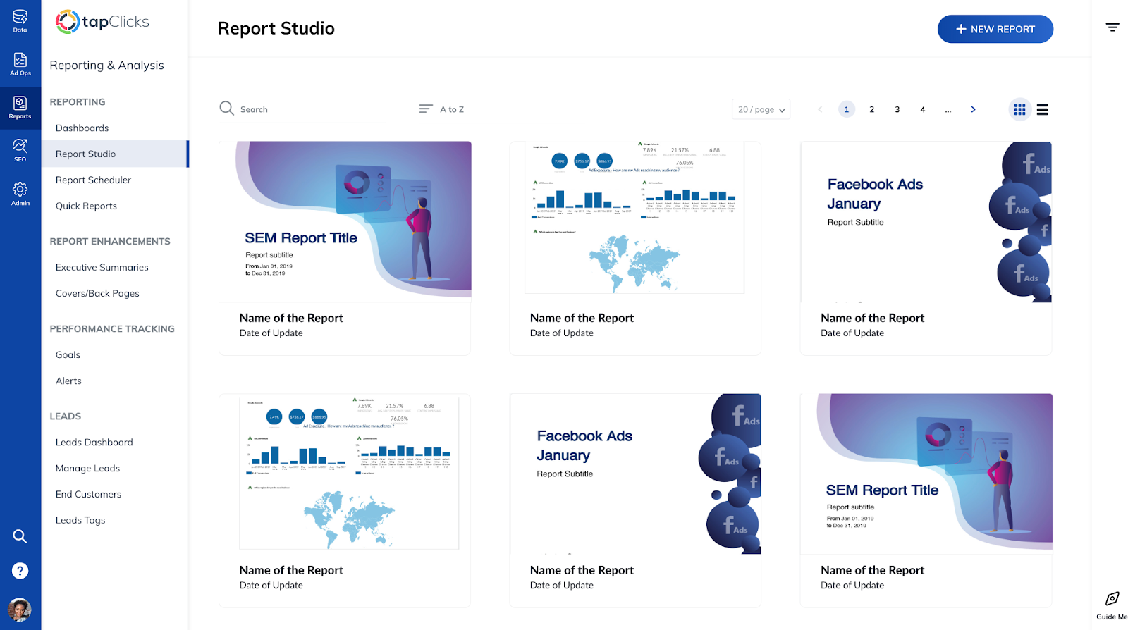 TapClicks enterprise reporting software interface displaying digital report templates, supporting non technical users in creating automated reports and tracking enterprise stories.