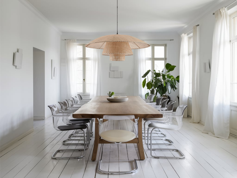 A dining room with well-placed pendant lights, sized proportionally to the table, hanging at an optimal height for balanced illumination and aesthetic appeal.