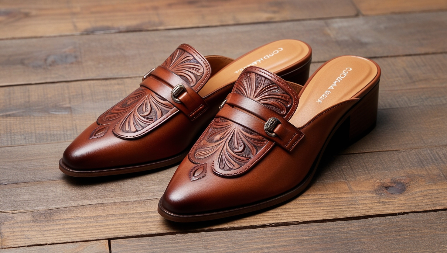 Coldwater Creek Brown Tooled Leather Mules