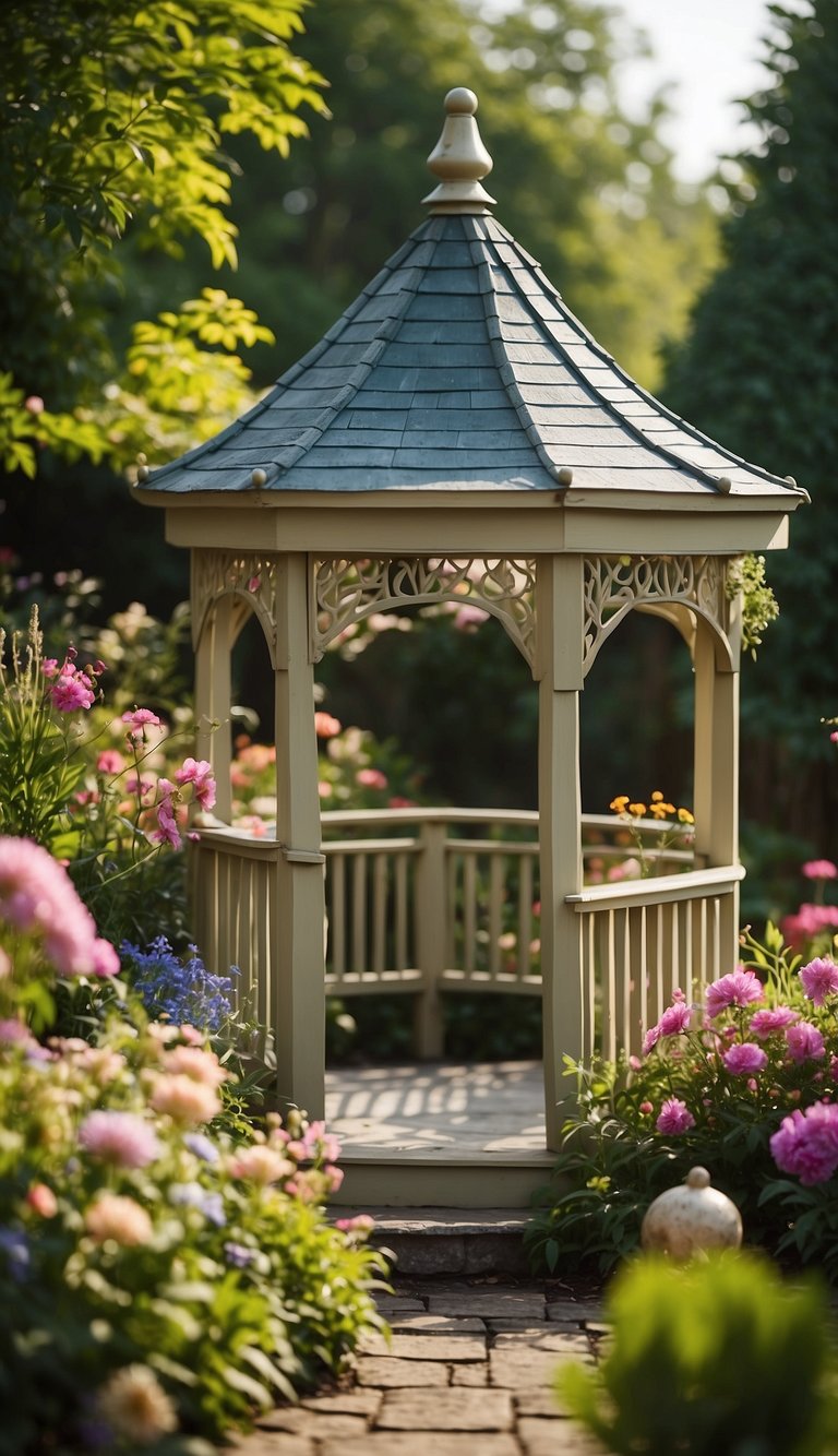 A small gazebo stands in a lush backyard garden, surrounded by colorful flowers and whimsical fairy decorations