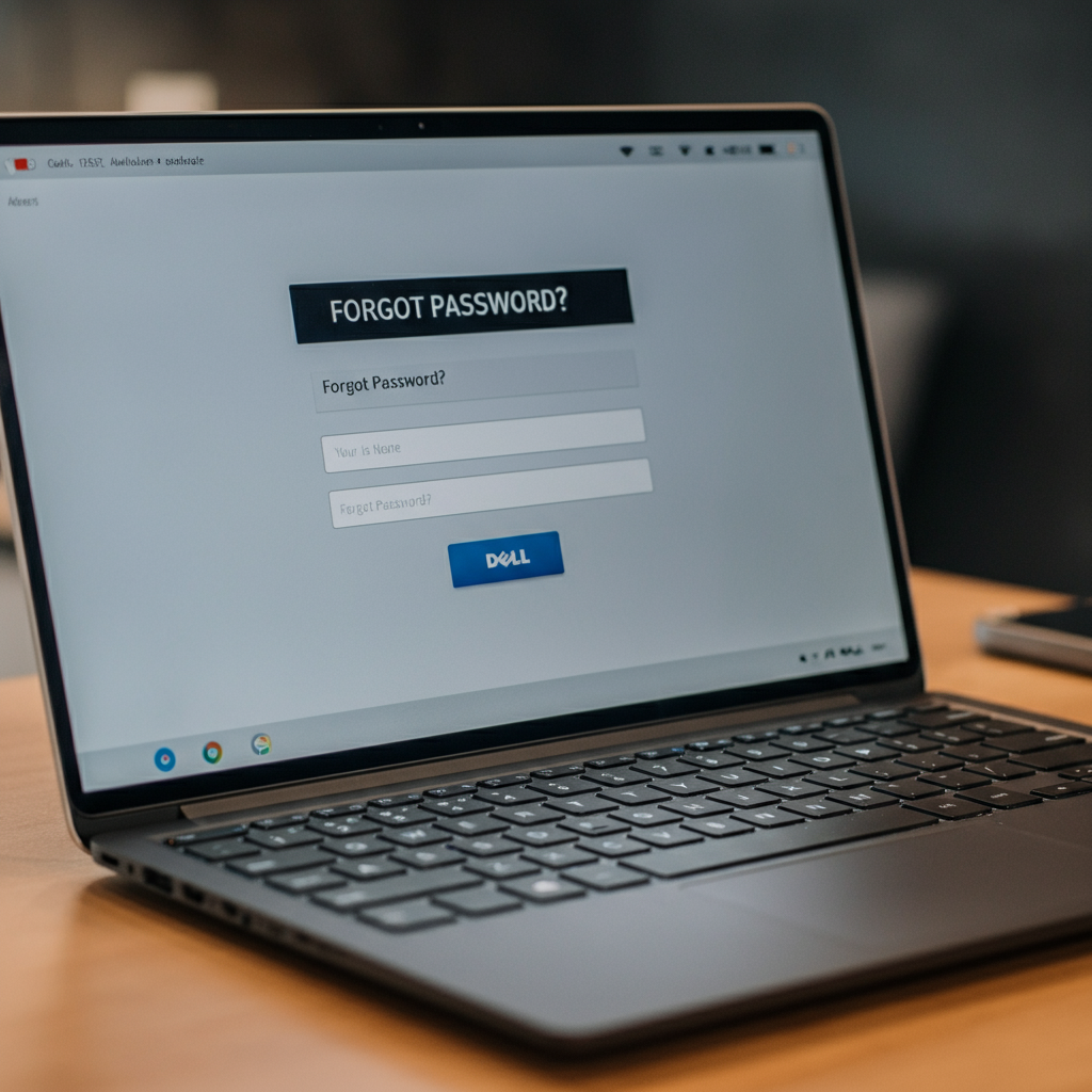 Dell laptop on a desk showing the login screen with a "Forgot Password?" prompt.