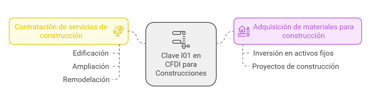 Diagrama sobre la clave I01 en CFDI para construcciones, mostrando dos aplicaciones