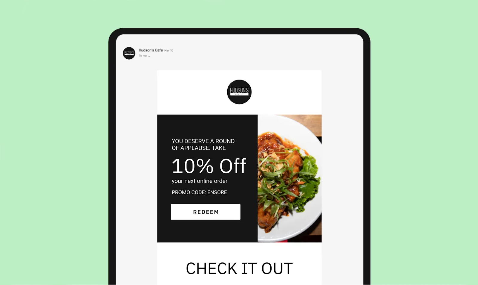 mockup of restaurant email marketing on tablet