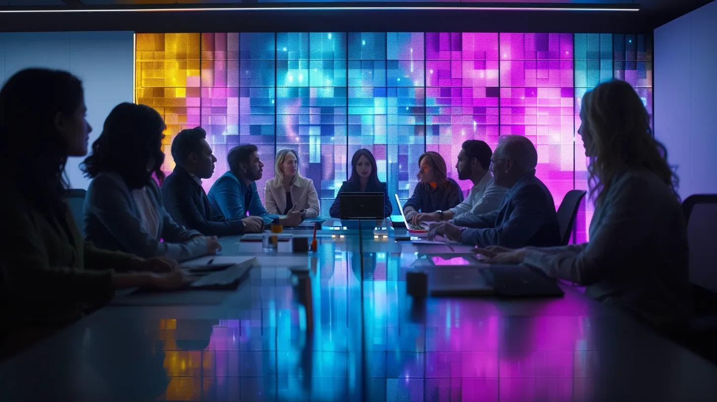 a sleek, modern office environment showcases diverse professionals collaborating around a large table, illuminated by vibrant digital brand identity visuals on screens, emphasizing the critical role of cohesive branding in driving business success in 2025.