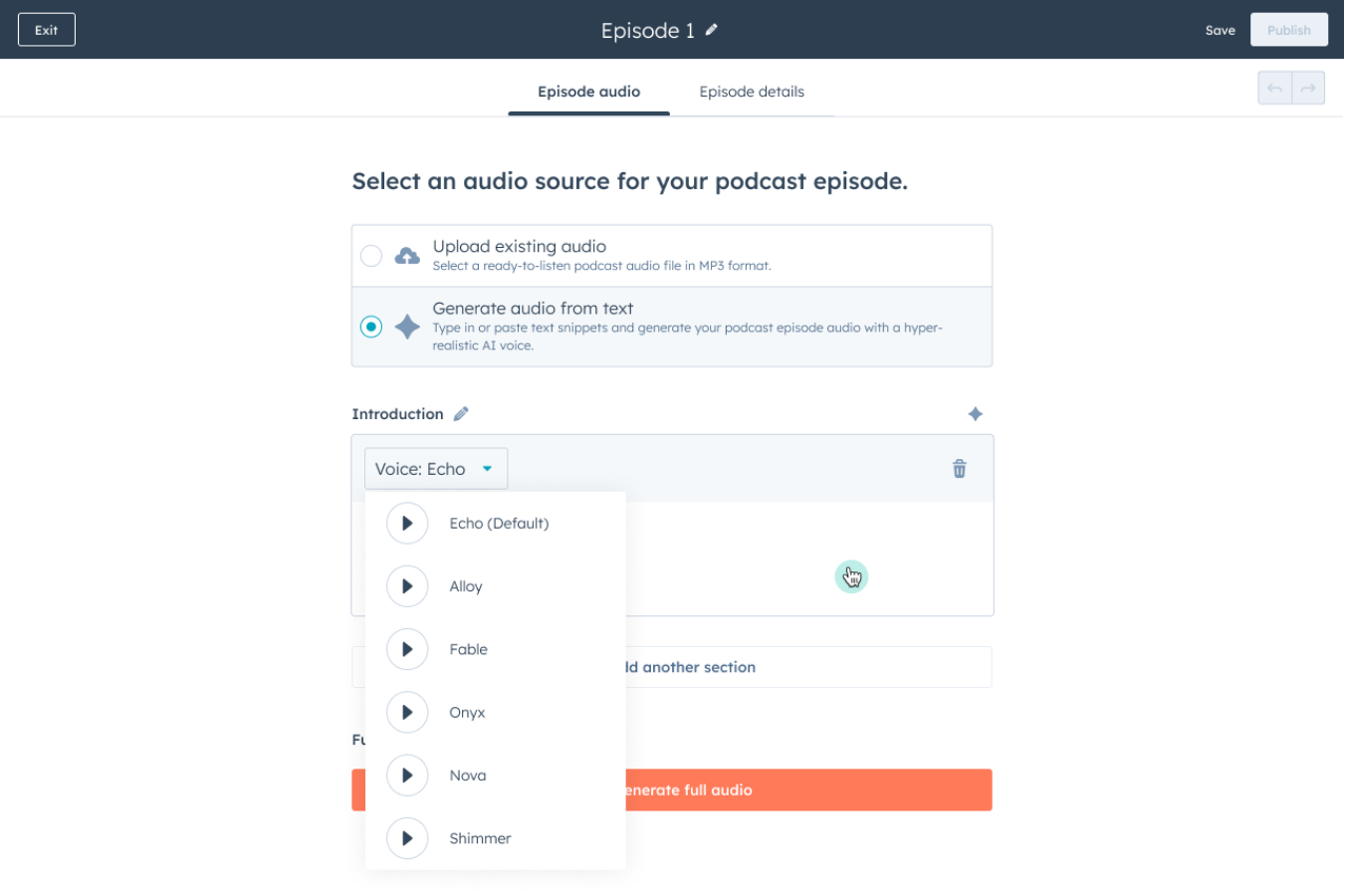 HubSpot Content Hub feature: creating and managing your own podcast content.