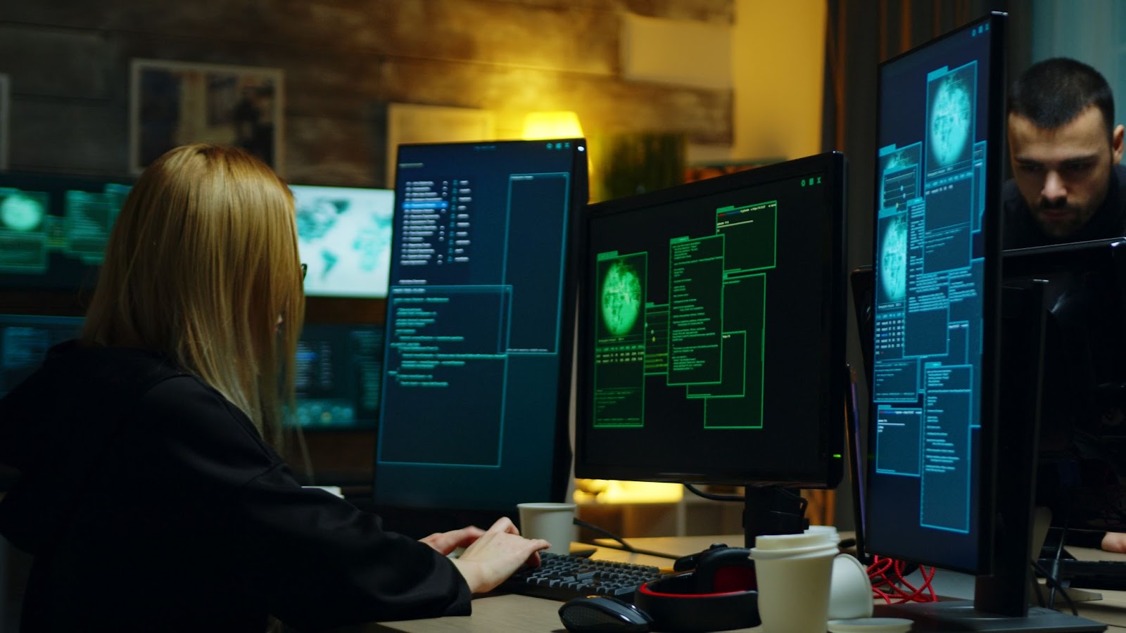 Woman working in a hacker center with multiple monitors displaying code