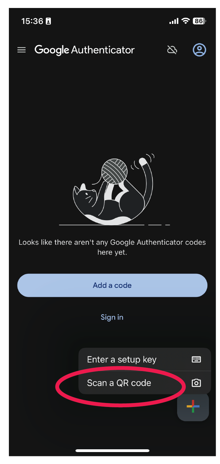 A screenshot of Google Authenticator app to select a scan QR code option by clicking on the plus sign in the lower right corner