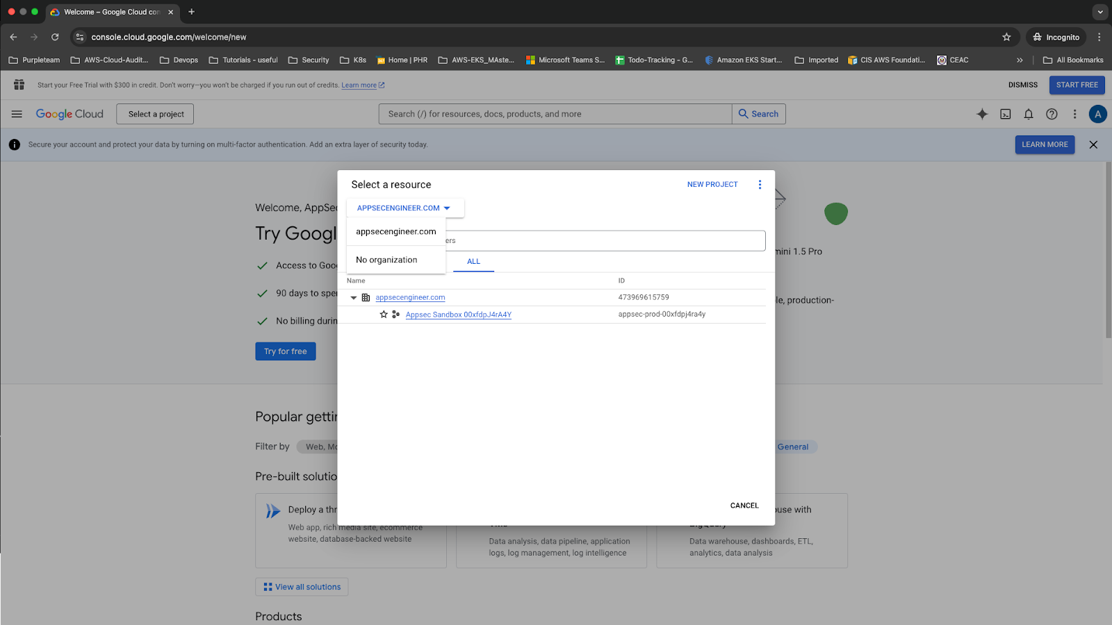 Image of Google cloud console