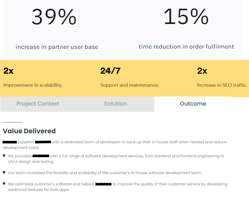 Examples of vague project outcomes presented in software developer portfolios.