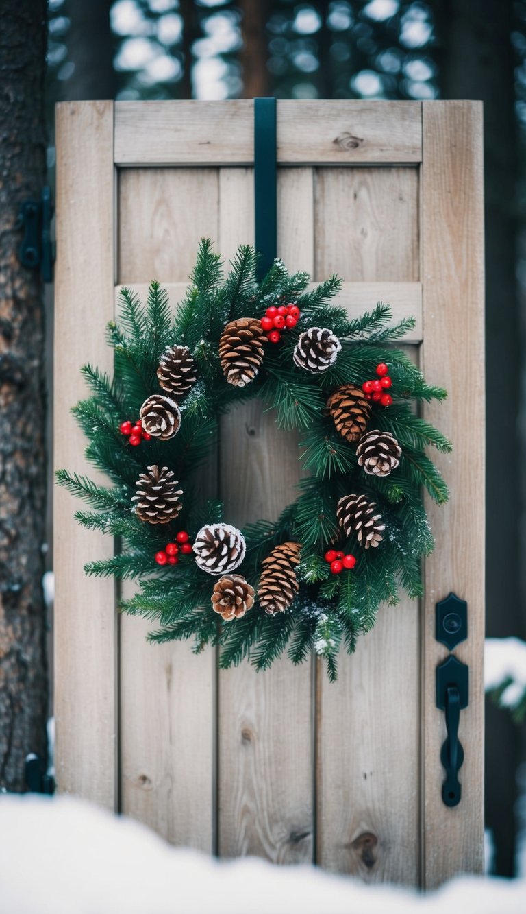 A snowy forest scene with a wreath made of evergreen branches, pinecones, and red berries hanging on a rustic wooden door