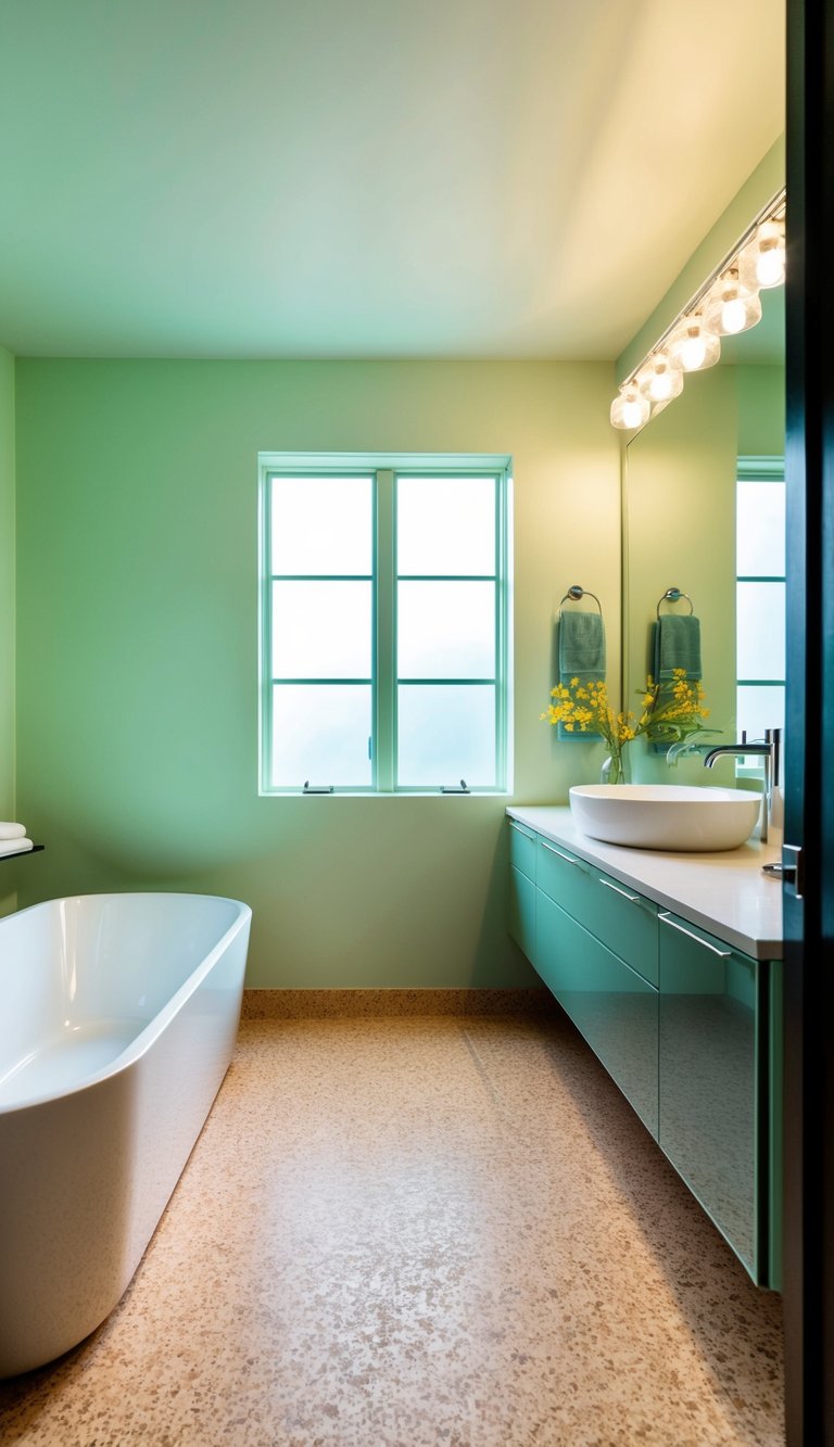 A spacious bathroom with light green walls and cork flooring, featuring a modern bathtub and a sleek vanity with a large mirror