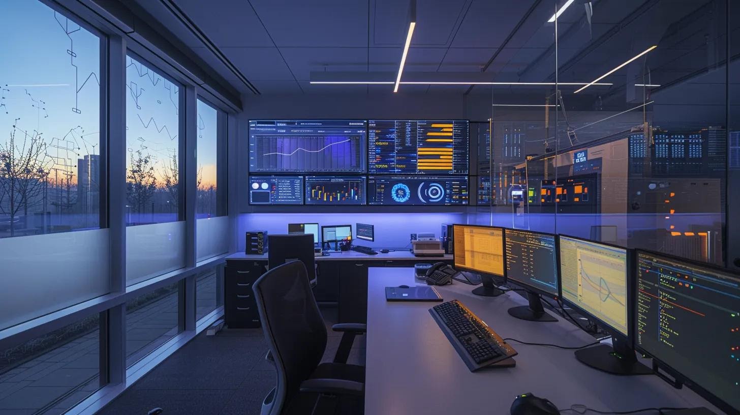 a sleek, modern office workspace features a high-tech server setup with glowing led indicators and a digital dashboard displaying performance metrics, emphasizing the impact of advanced technical seo strategies on server response and load times.