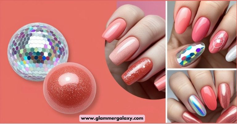 Four images of nails with various glittery designs, two spherical glitter containers