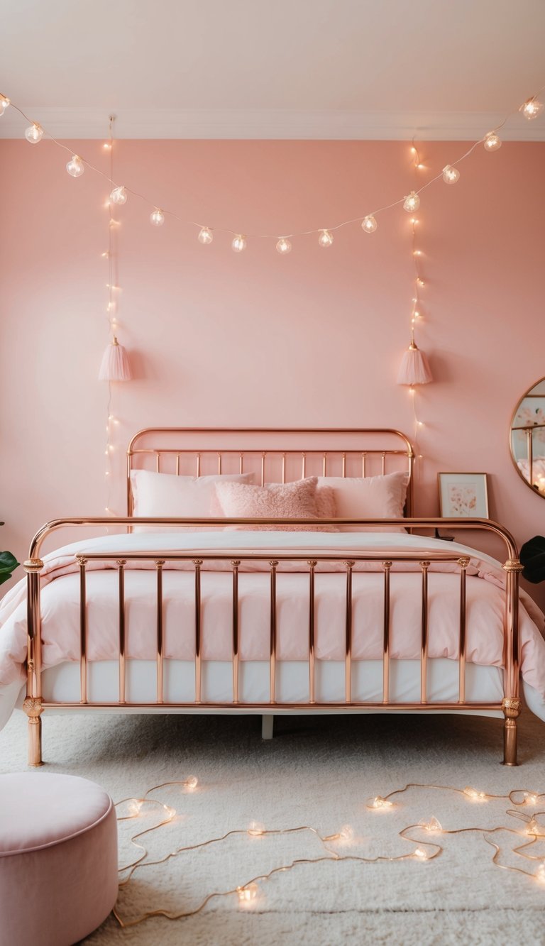 A luxurious rose gold bed frame stands in the center of a pink bedroom, surrounded by soft, pastel decor and twinkling fairy lights