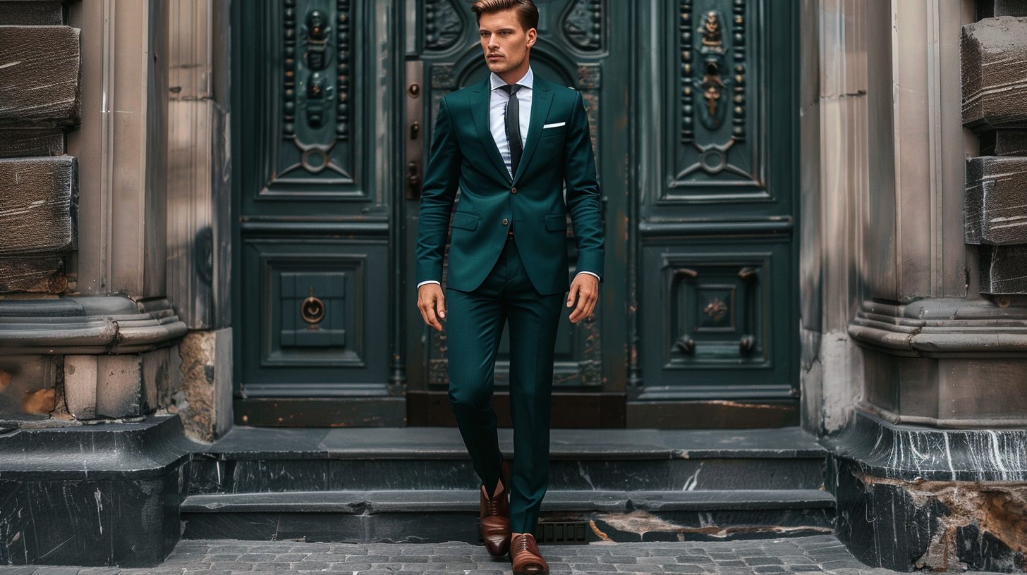 Slim-built man in a slim fit suit, tailored closely to the body, trendy and sharp, modern setting, dark green or blue suit with loafers