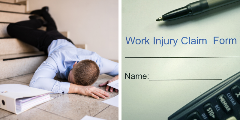 Workplace accident to the left, employee filing a workers comp claim to the right