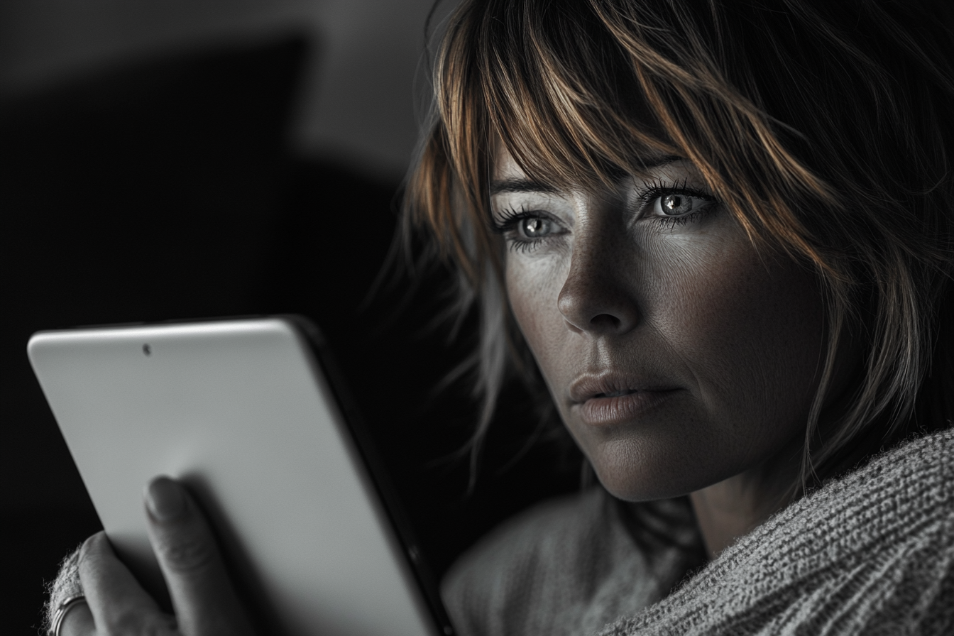 A woman staring at her tablet | Source: Midjourney