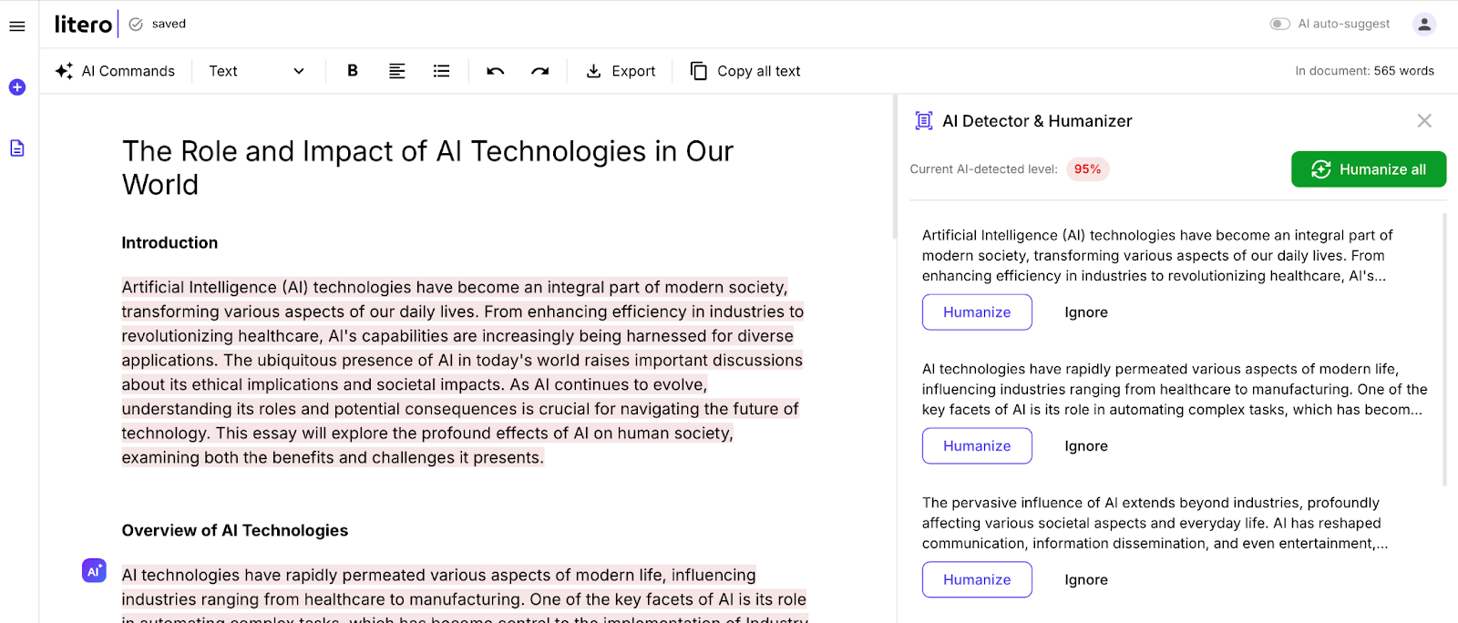 Litero AI's interface featuring AI detector and humanizer 