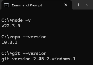 node, npm, and git version in the terminal