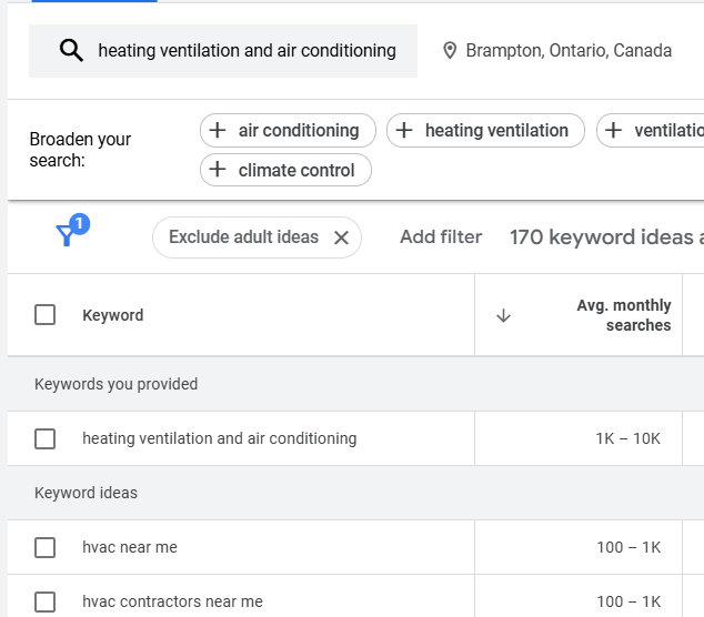 Google Keyword Planner Screenshot of HVAC keyword search volume