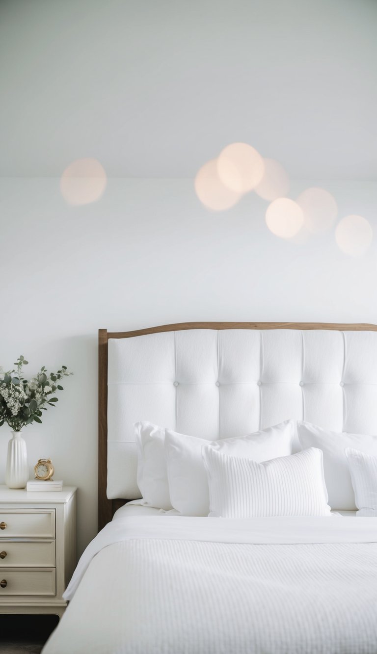 A plush white headboard against a serene white bedroom backdrop