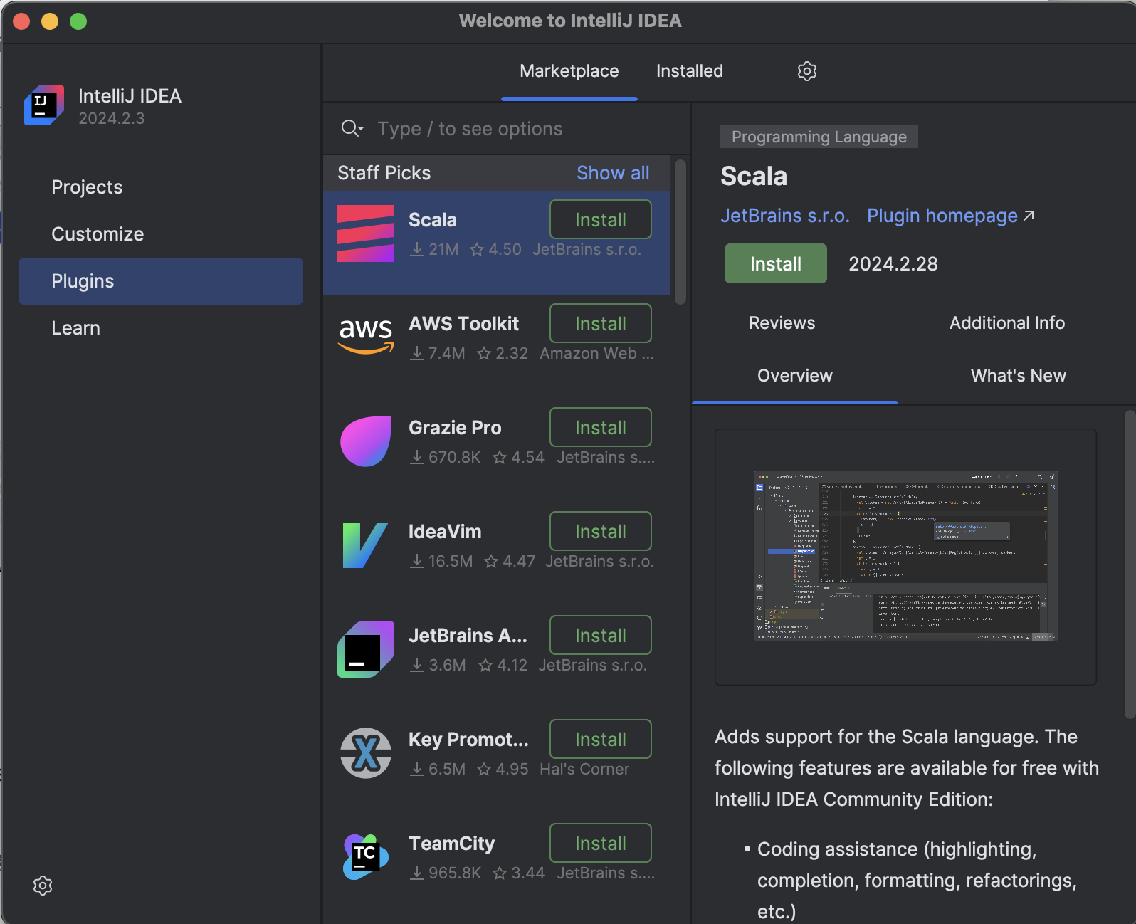 Screenshot showing the IntelliJ IDEA 'Marketplace' tab with several plugins available for installation