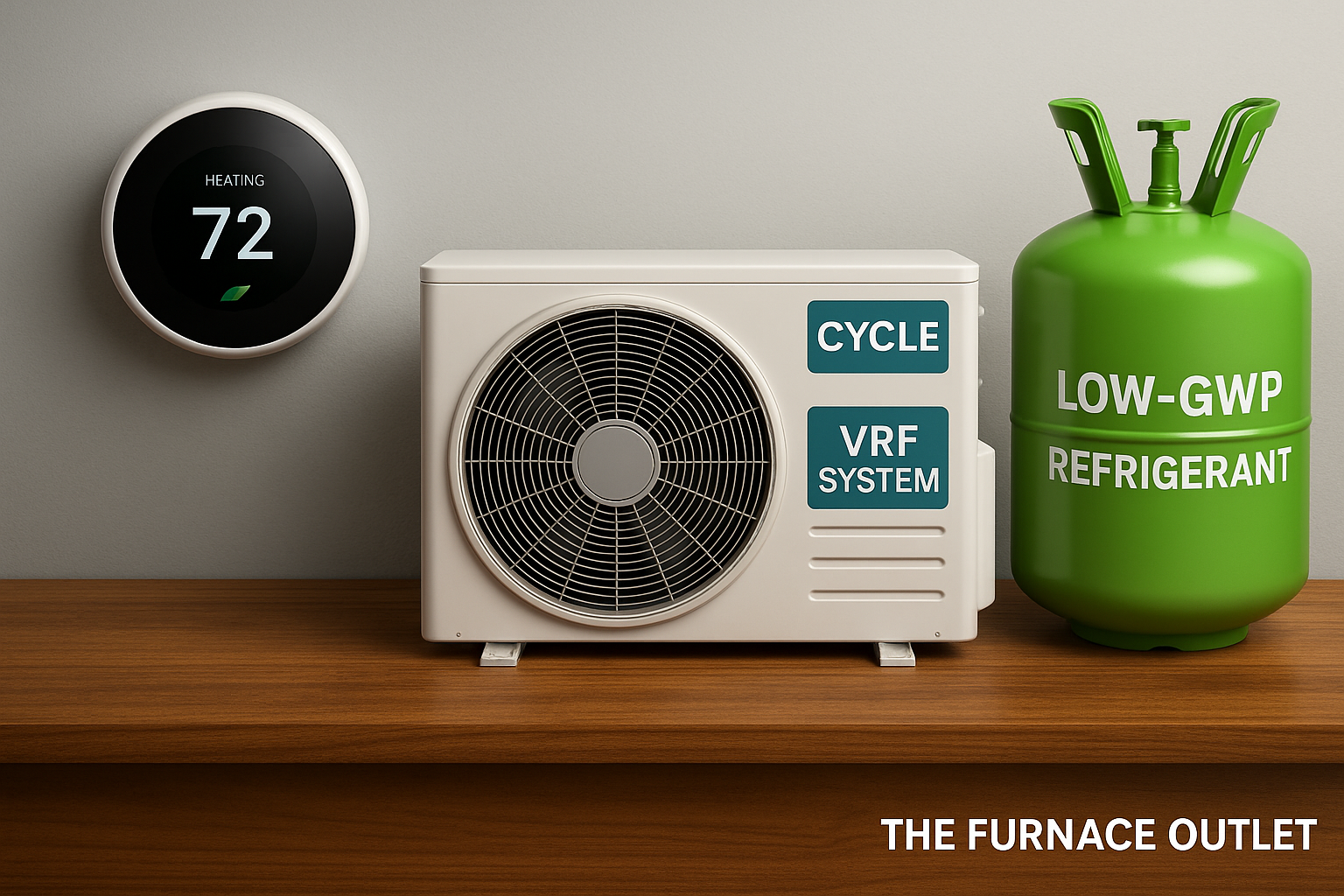 A high-resolution digital photograph showcases a smart thermostat, a labeled VRF HVAC unit, and a green low-GWP refrigerant tank arranged on a wooden surface, with "The Furnace Outlet" branding in the corner.