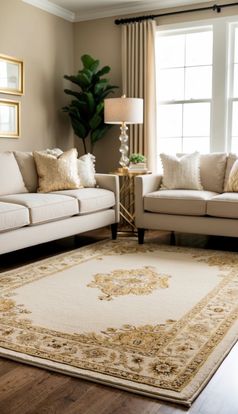 A beige and gold accent rug in a cozy living room with warm, neutral tones and elegant decor