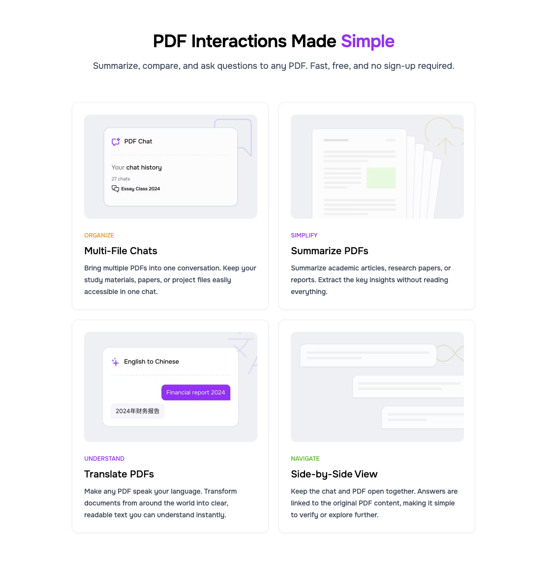 ChatPDF's interface showing different features of the platform