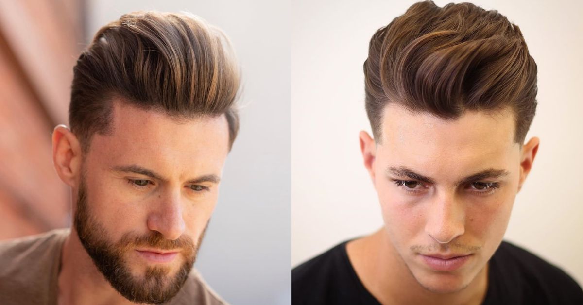 Two men showcasing distinct hairstyles, one featuring a prominent long quiff, highlighting their unique styles.