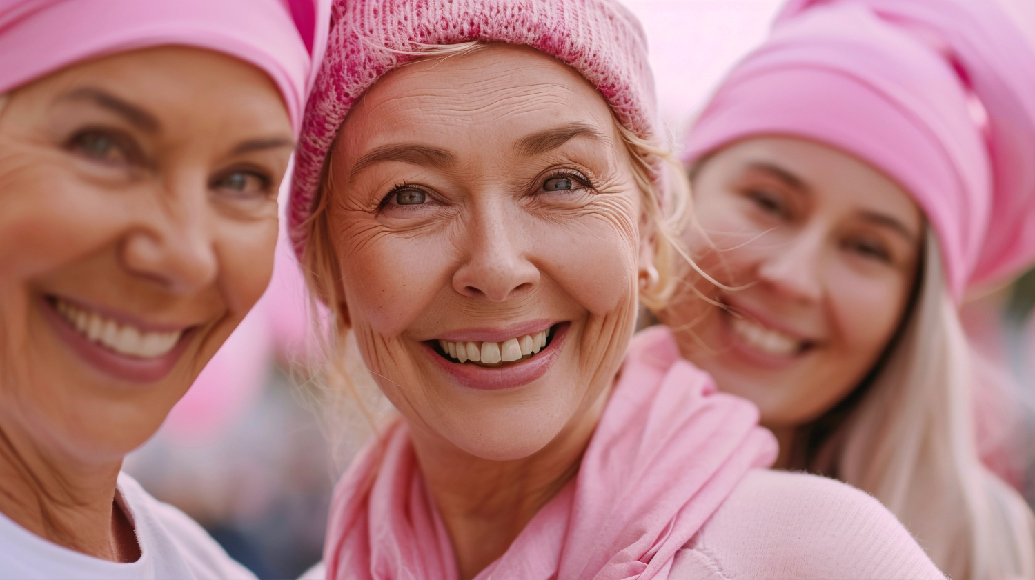 Três mulheres sorrindo, demonstrando a importância da rede de apoio no tratamento oncológico.