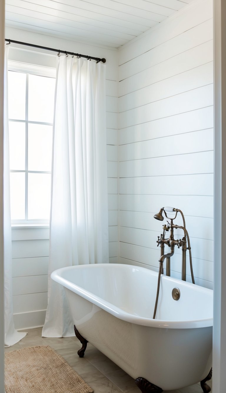 A bright, airy bathroom with white shiplap walls, a vintage clawfoot tub, and a large window with billowing white curtains