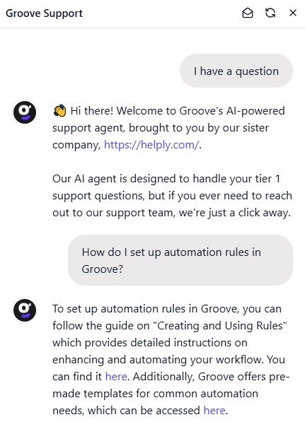 Groove's new AI agent, Helply in action, fielding an inquiry about automation. 