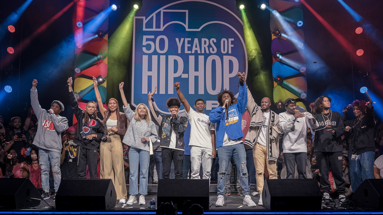 Create a realistic image of a diverse group of young Black hip-hop artists on stage, celebrating with microphones raised, surrounded by colorful spotlights and a large "50 Years of Hip-Hop" banner, with an enthusiastic audience visible in the foreground, capturing the energy and cultural significance of hip-hop's legacy.