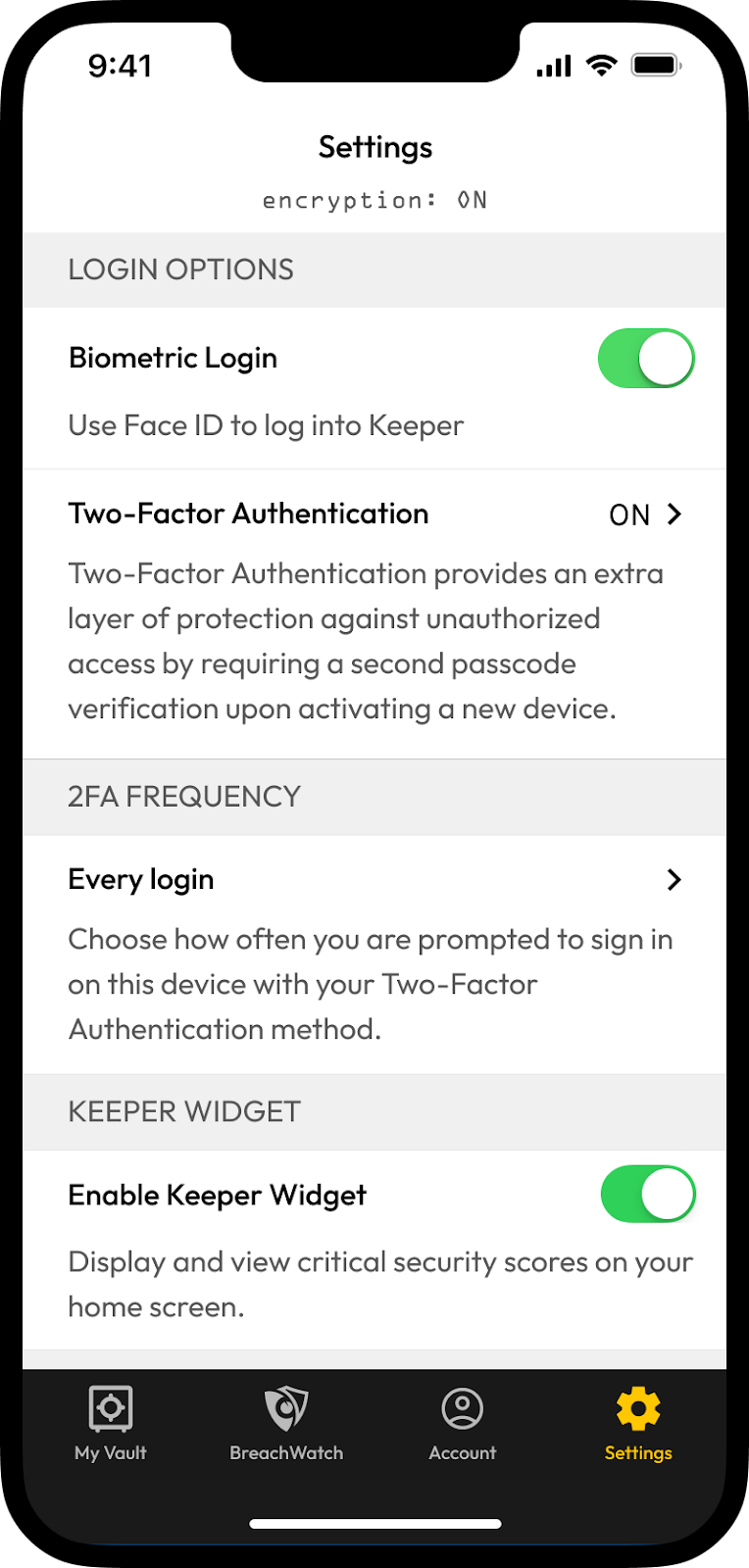 Settings screen of Keeper app showing security options including Biometric Login, Two-Factor Authentication, and Keeper Widget toggles. Navigation bar visible at bottom.