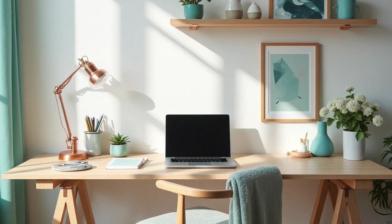 Modern Scandinavian home office with wooden desk, copper lamp, and teal accents