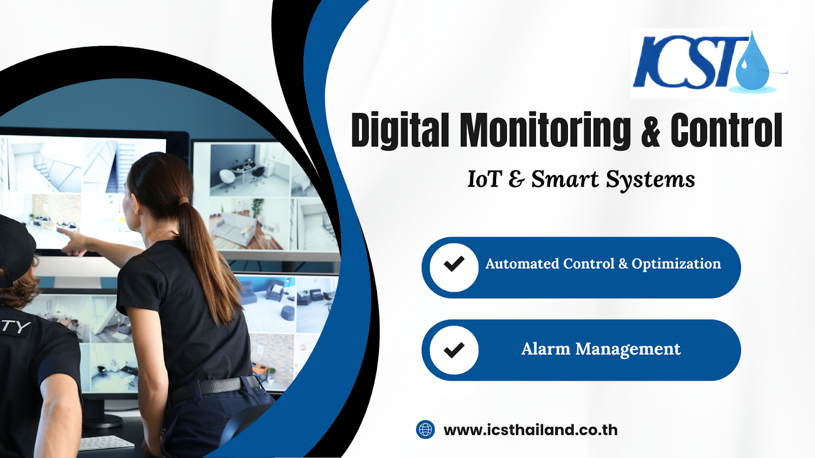 Banner: Digital Monitoring & Control - IoT & Smart Systems. Highlights Automated Control & Optimization, and Alarm Management. Features ICST logo, website, and an image of a control room.