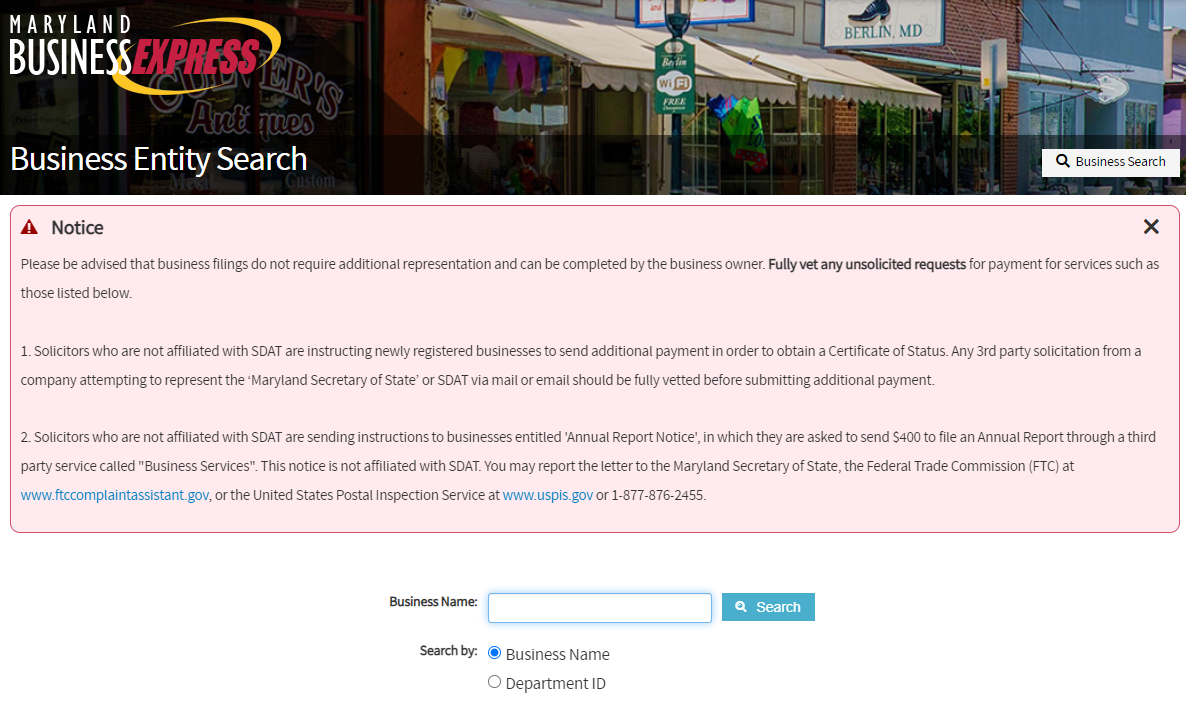 Screenshot of the Maryland Business Express website business entity search function