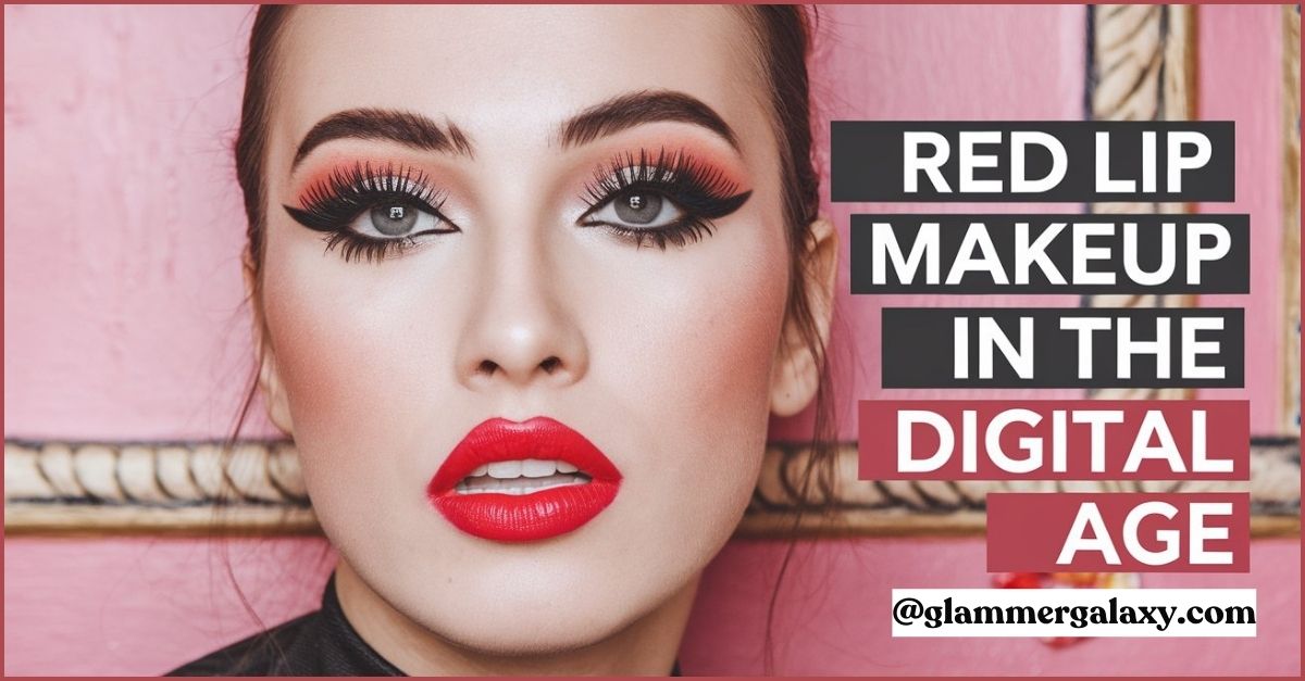 face with red lipstick, pink background, text “Red Lip Makeup In The Digital Age