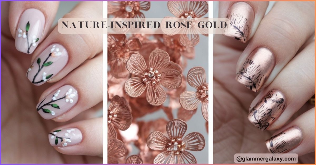 Manicured nails with floral art; rose gold jewelry close-up.