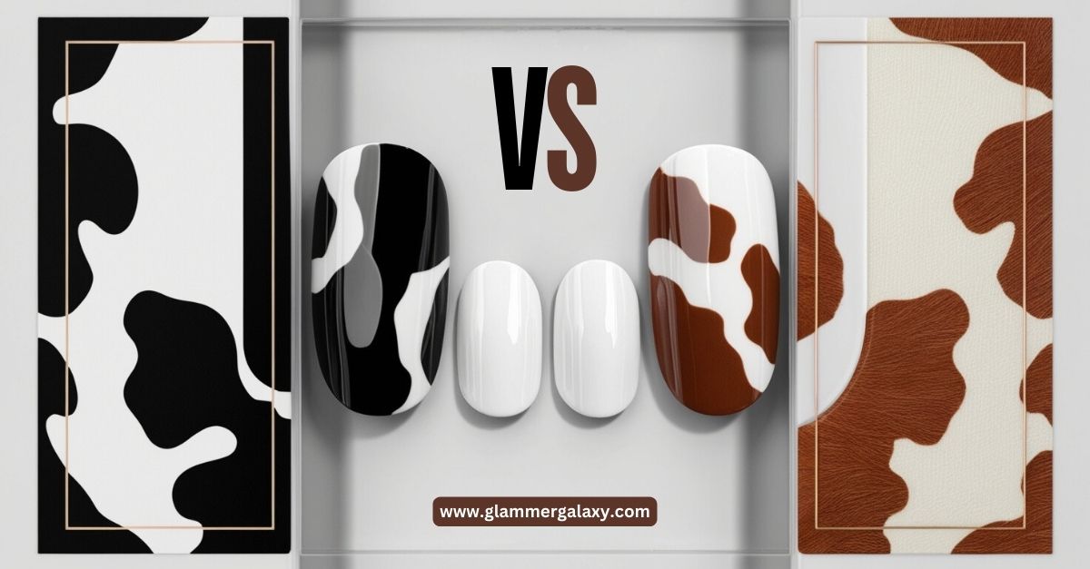 Black and white versus brown and white cow print nail art designs