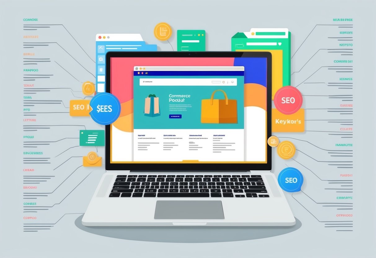 A laptop displaying an ecommerce product page with optimized SEO elements, surrounded by relevant keywords and meta tags