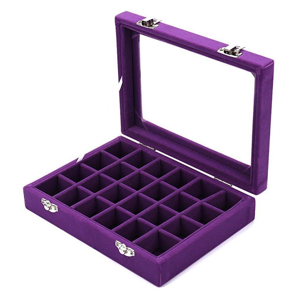 LANTWOO 24 Grids Velvet Glass Ring Earrings Jewellery Box