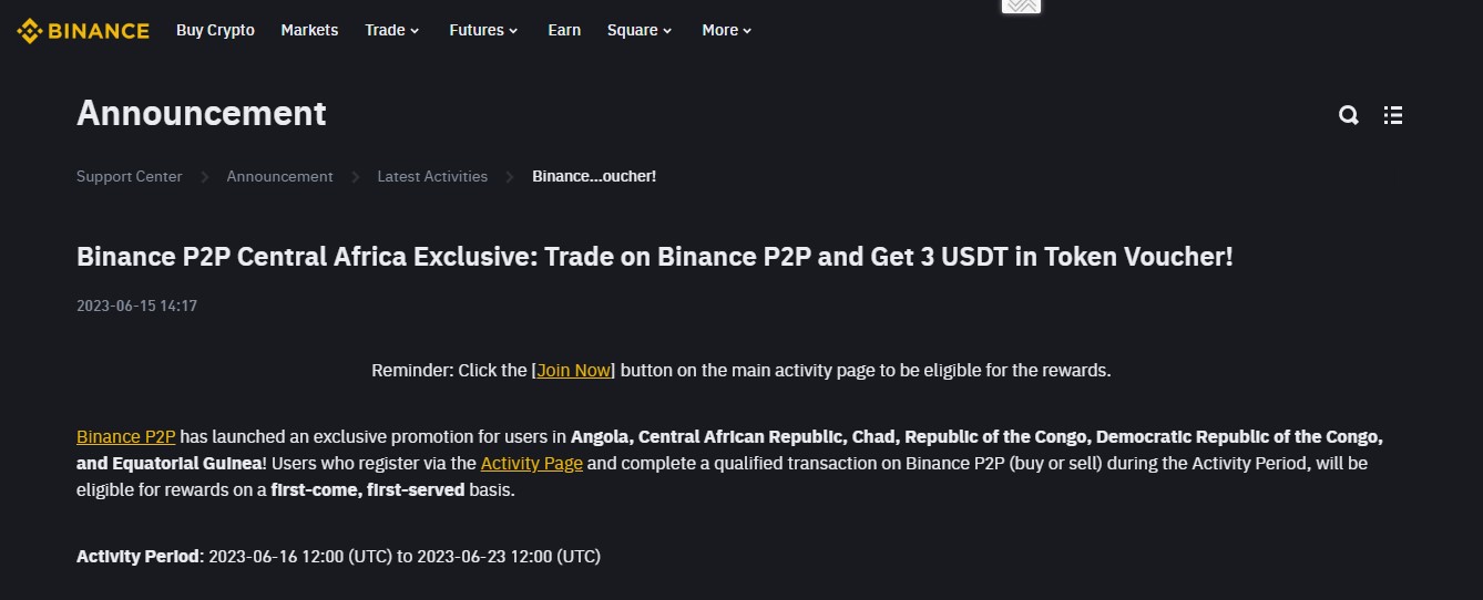 Binance announcement on an exclusive P2P trade in the Central Africa region in 2023.