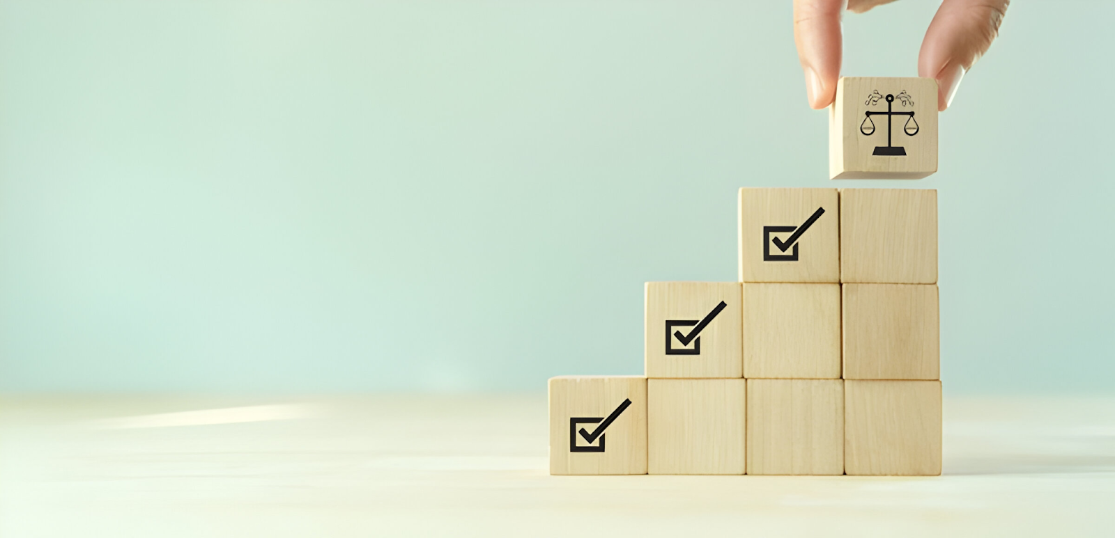 Hand placing a wooden block with a justice scale icon on top of a staircase of blocks, each marked with a checkmark, symbolizing the support of ethical decision-making.