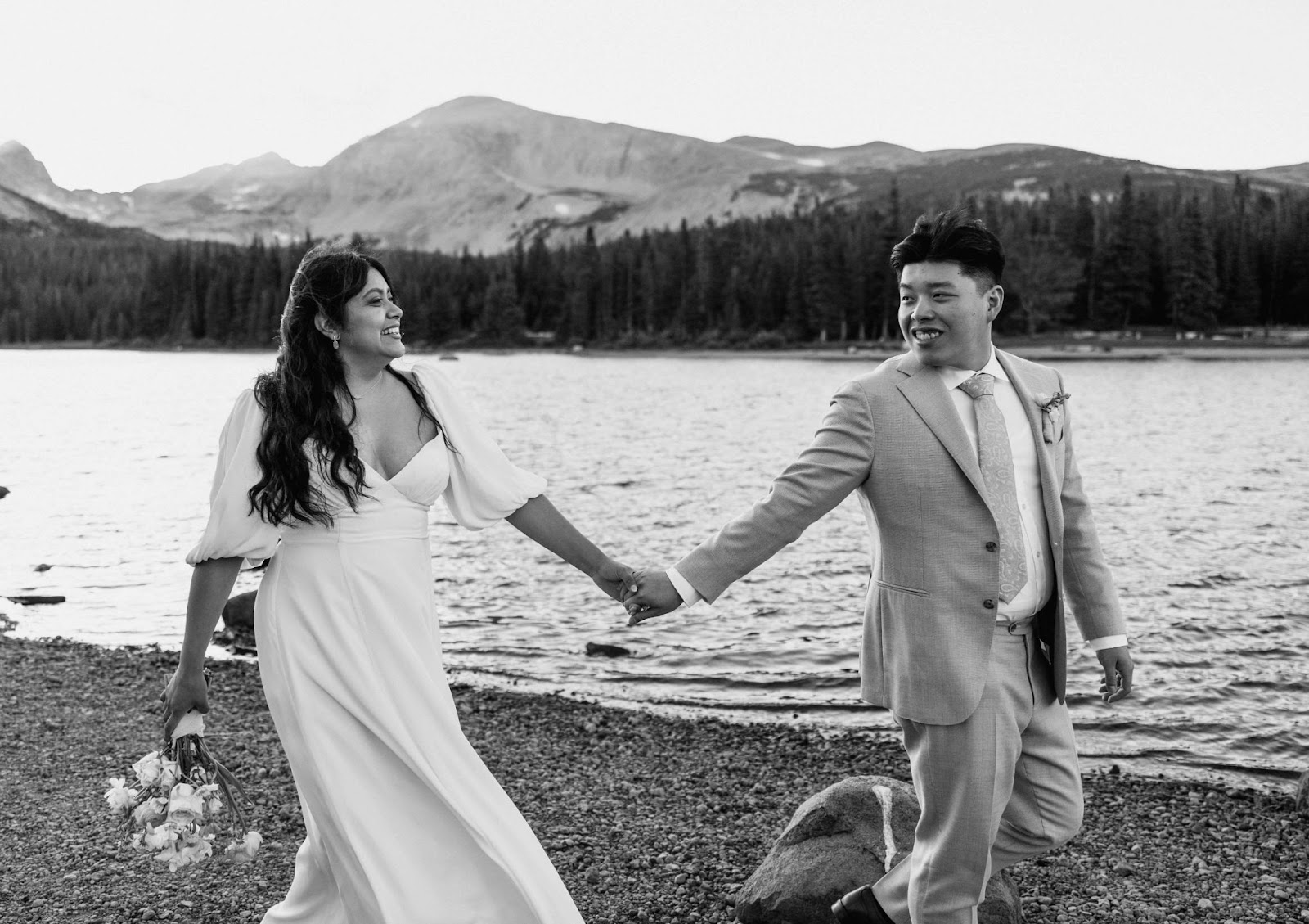 Bride and groom walking at Brainard Lake