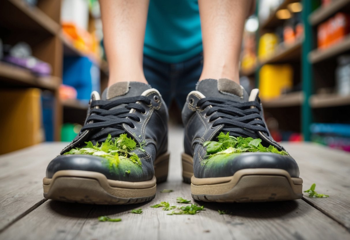 A pair of worn shoes emitting a pungent odor, with visible sweat stains and bacteria growth inside
