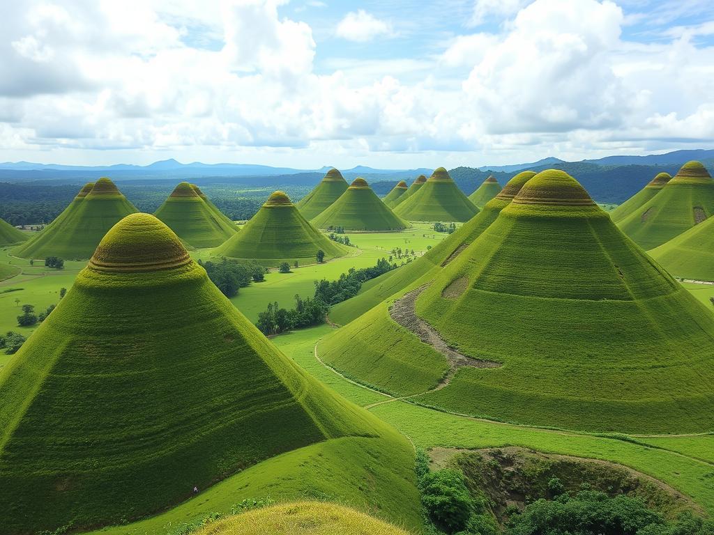 Chocolate Hills during rainy season showing their lush green appearance