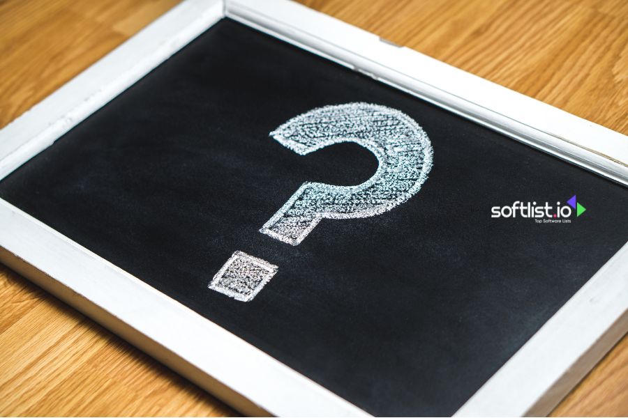 White framed chalkboard with a question mark and Softlist.io logo