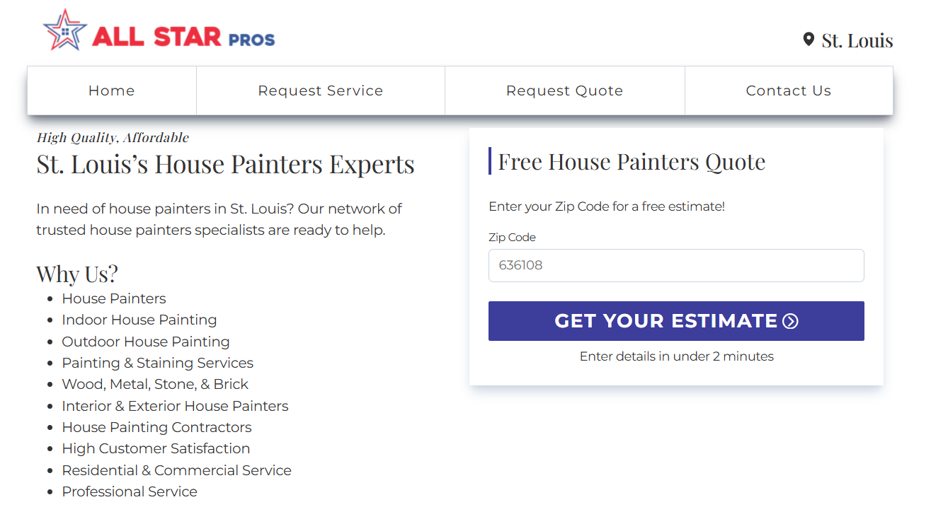 Image showing All Star Pros landing page with headline, ZIP code input, and call-to-action